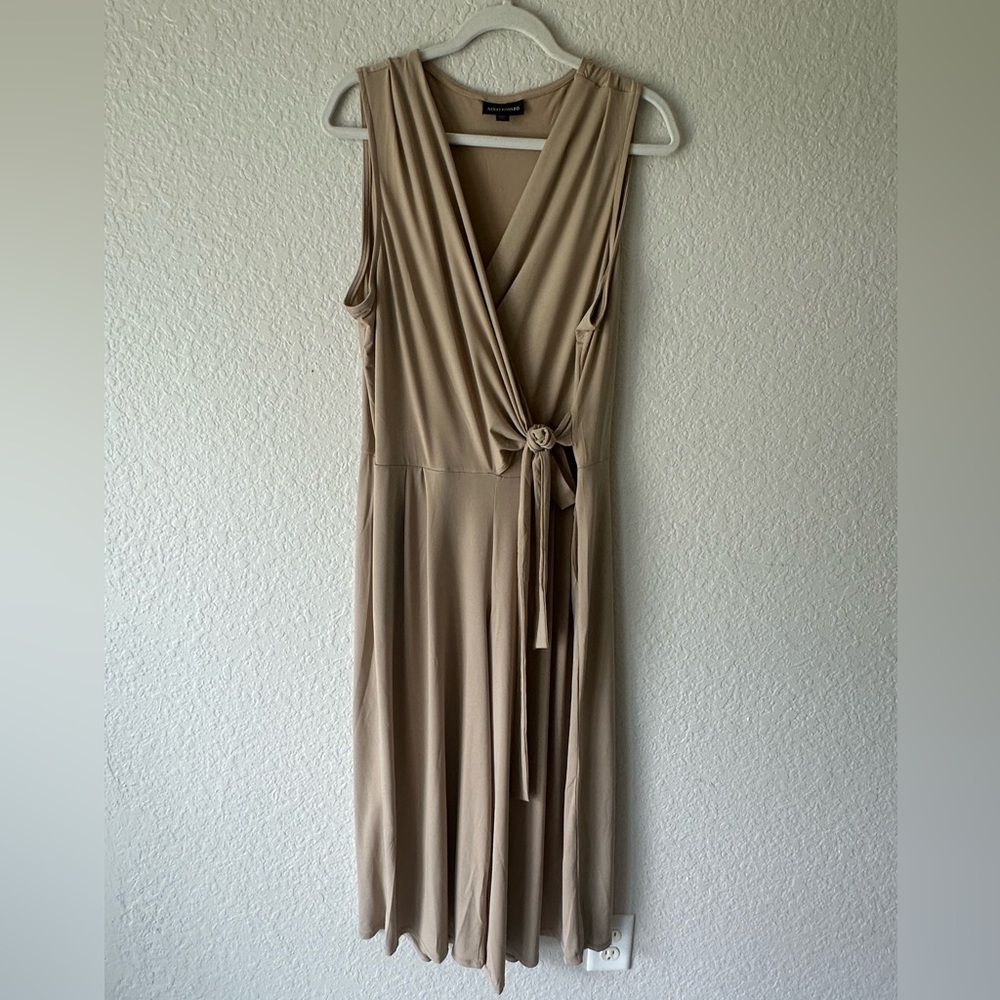 Nina Leonard Tan Wrap Wide Leg Jumpsuit Tie Waist XL